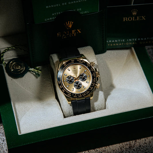 Rolex Daytona – Gold Dial with Black Ceramic Bezel & Rubber Oysterflex Strap