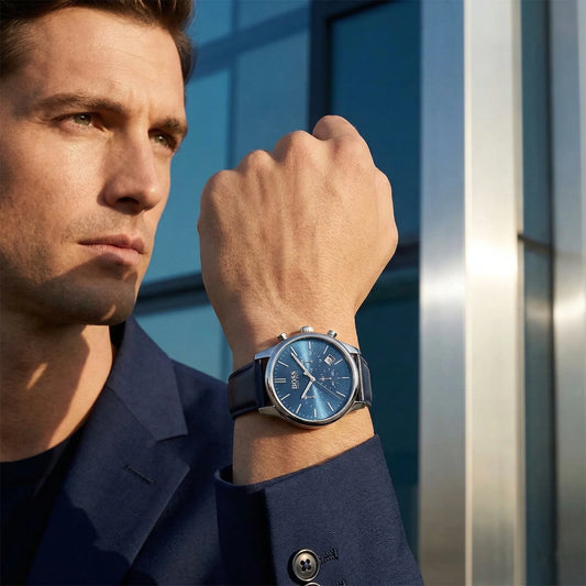 Hugo Boss Runner 1513431 Silver Case Blue Dial Blue Leather Men's Watch