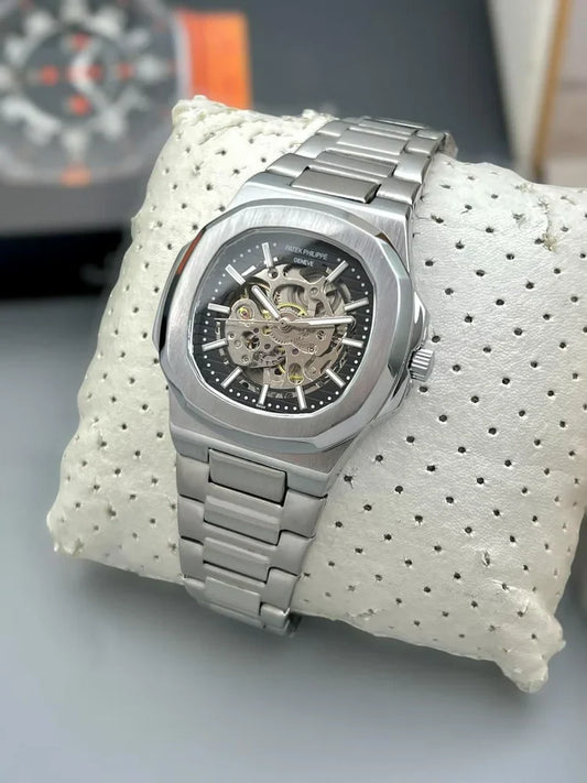 PATEK PHILIPPE CHRONOGRAPH WATCH black WITH STAINLESS STEEL SILVER BELT