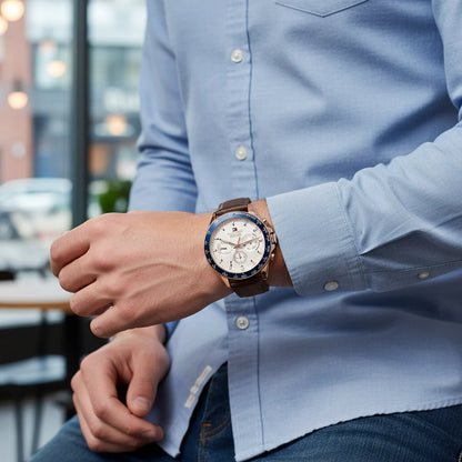 Tommy Hilfiger Damon 1791966 Multi-Function White Dial Men's Brown Leather Watch
